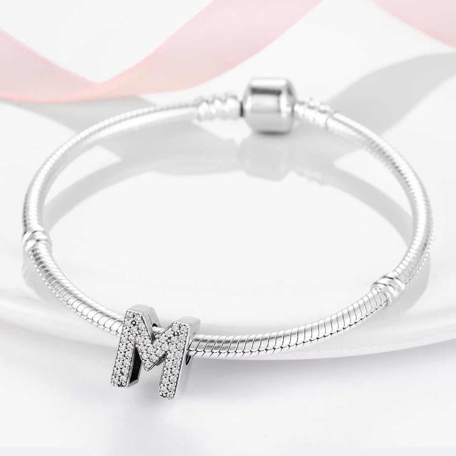PARCOM Letter Charms Fits Pandora Bracelets S925 Sterling Silver Initial Charms for Bracelets Alphabet A-Z Letters Bead Bracelets Necklace Pendent with Cubic Zirconia for Women Birthday Ceremony DIY Jewelry - Image 7