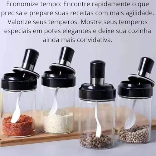 Kit Com 4 Pote de Tempero de Vidro Com Colher de 260 ML Para Temperos e Condimentos Com Tampa de Ved