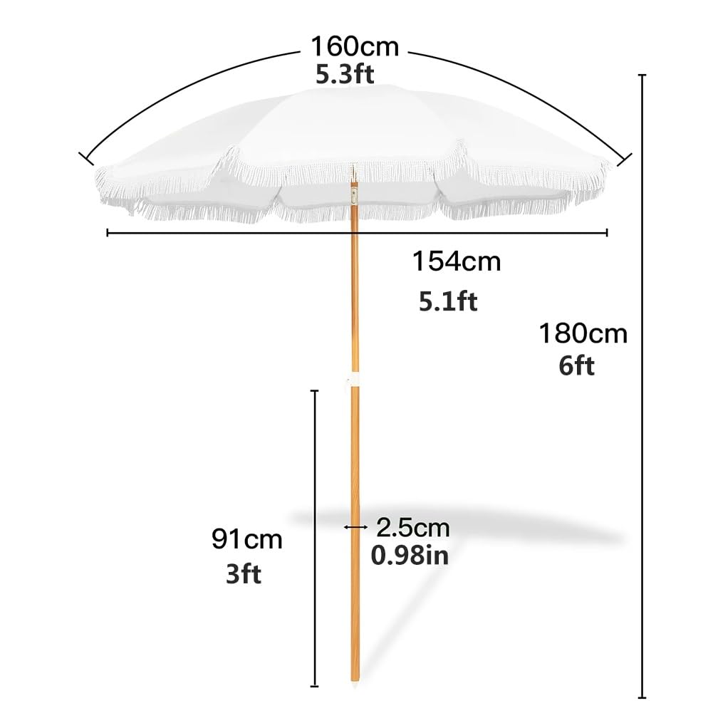 160 cm Parasol Ogrodowy z Frędzlami, Parasol Plażowy z Przycisk Nachylenia i Aluminiowym Drążkiem UV 50+