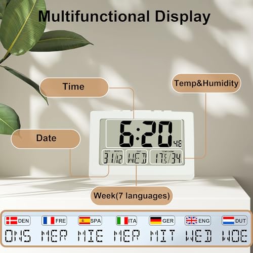 Horloge murale numérique LCD Lafocuse 10 pouces blanche à piles avec date et température - 7