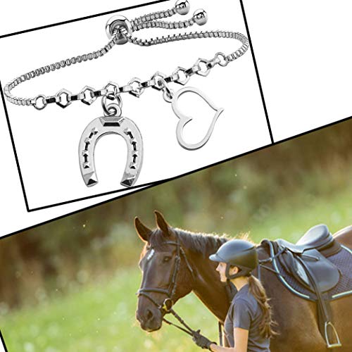 BAUNA Lucky Horseshoe Bracelets Love Heart Pendant Good Luck Horseshoe Charm Adjustable Link Bracelet for Cowgirl Horse Lover Gifts Equestrian Riding Gift3