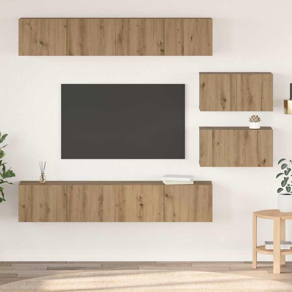 Ensemble Meuble TV 6 pcs chêne Artisanal Bois d'ingénierie avec Portes charnières et étagères murales pour Salon séjour multimédia Rangement Console Support Design Moderne