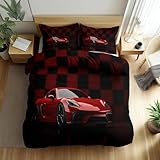 WHUOEUCO Juego de Ropa de Cama 150x220 cm Coche Deportivo Rojo Cuadros, con Cremallera