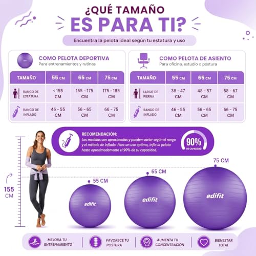 Pelota de Pilates, 55, 65 y 75 cm, Ejercicio en Casa, Incluye Hinchador, Fitball, Embarazadas, Accesorios Yoga, Varios Tamaños - Imagen 3