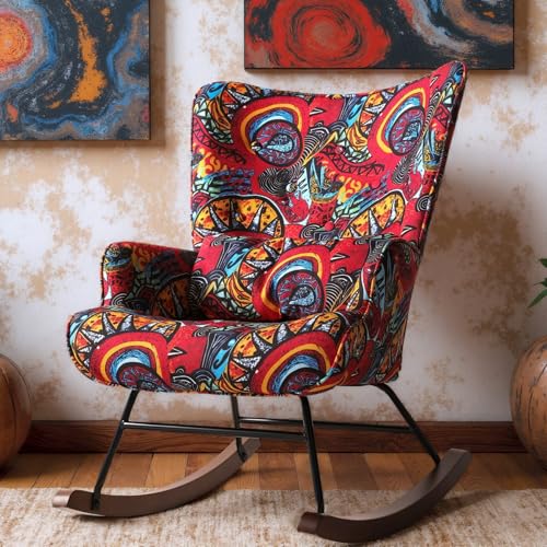 HomeMiYN Schaukelstuhl Lendenpolster Metallgestell und Holzsockel Stillstuhl Wohnzimmer Sonnenmuster