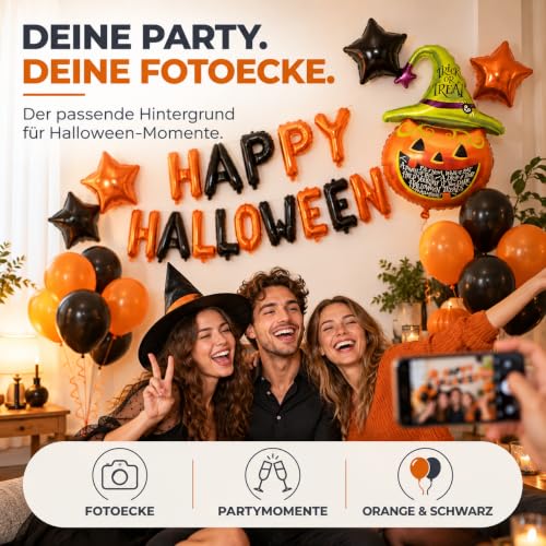 Halloween Ballon-Set Orange Schwarz – 20 Luftballons, Happy-Halloween-Schriftzug, Kürbis mit Hexenhut, 4 Foliensterne und Band… – Ansicht 6