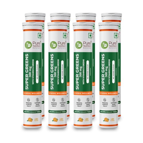 Image of Pure Nutrition Super Greens 160 Effervescent Tablets (20x8) with Moringa, Spirulina, B Vitamins | 14+ Vitamins, Herbs, Superfoods & Antioxidants for Immunity & Overall Wellbeing