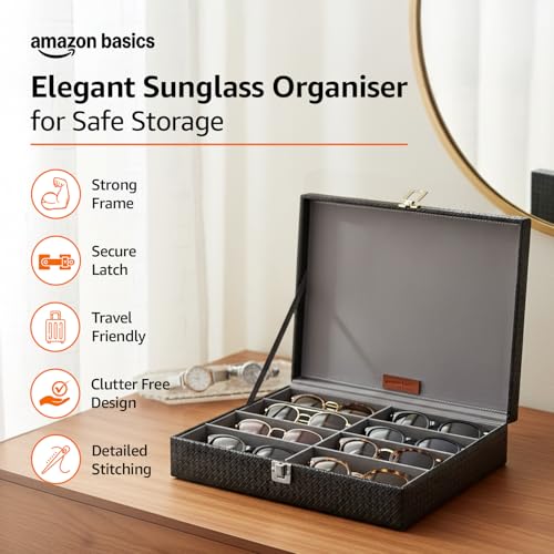 Image of Amazon Basics Unisex Faux Leather Sunglasses Organiser with 8 Slots |34LX27BX8H cm |Black