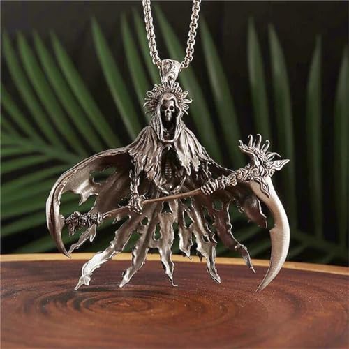 Grim Reaper Santa Muerte Necklace Stainless Steel Punk Gothic Skull Sickle Pendant Necklace for Women Men Halloween Jewelry Creativity Gift2