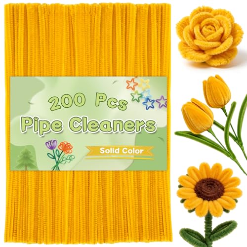 LOKUNN Pipe Cleaners 200 Pcs Pipe Cleaners Chenille Stem Yellow Pipe Cleaners Craft Set Solid Color Chenille Stems with Eyes for DIY Arts Crafts Bouquet Festivals Decoration Art Supplies
