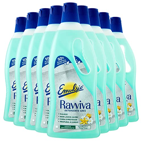 Emulsio Ravviva Grès Nettoyant sols pour grès cérame brillant ou mat formule avec agent anti-reposition, parfum de fleurs blanches et ylang-ylang, à longue durée – 9 flacons de 750 ml