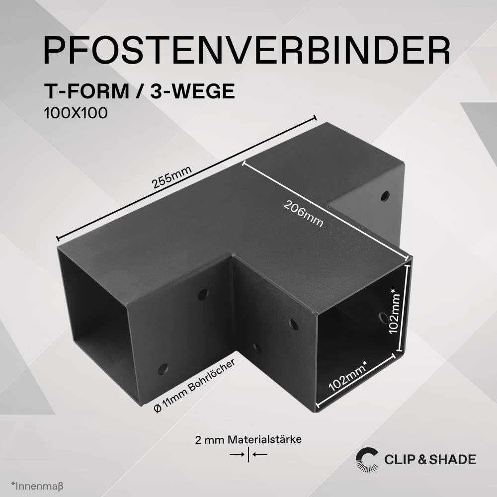 CLIP'N'SHADE Connettore a T per montaggio a parete a T per baldacchino da 100 x 100 mm, travi in legno – acciaio nero zincato e verniciato a polvere | Connettore angolare per pali | staffa di