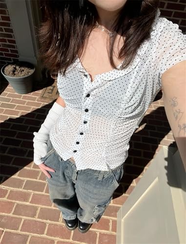 Image of Y2k Girls Vintage Coquette Button Down Shirt Women Short Sleeve V-Neck Slim Fitted T-Shirt Cute Blouse Crop Top