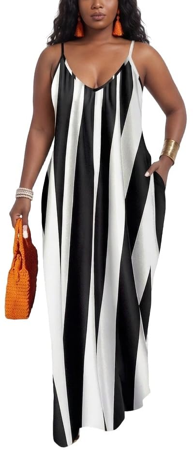 Image of Women's Casual Summer Maxi Dresses Sleeveless Adjustable Spaghetti Strap Loose Plus Size Dresses