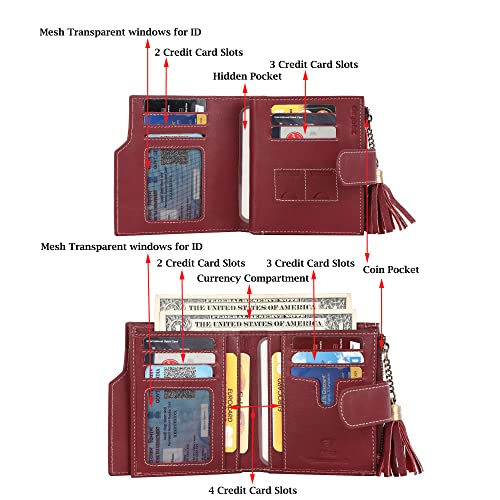 Image of Zeetap Wallets for Women Genuine Leather Beautiful Ladies Wrist Wallet Tri-fold Wallet for Women, Unisex Wallet with RFID Protection (Garnet Red)