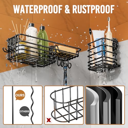 Image of LEVERLOC Shower Caddy Suction Cup, 3 Pack Heavy Duty Bathroom Organizer for Inside Shower with Hooks & Soap Holder, Removable Bathroom Organizer, Rustproof Black Holder Storage Black