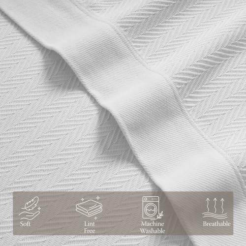 Threadmill Luxury 100% Cotton Herringbone Queen Blanket, Bright White #TOP28
