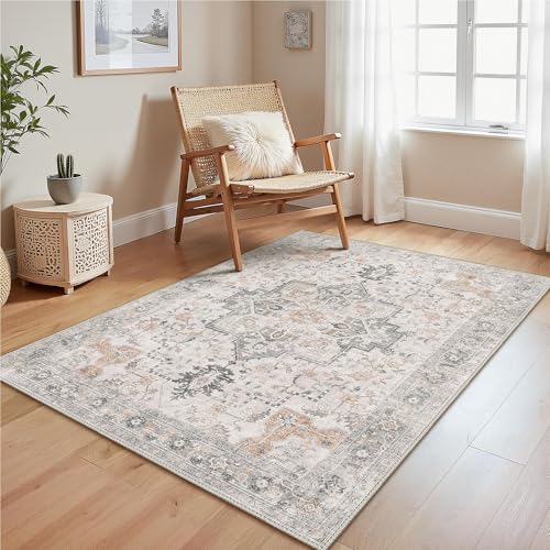 GENIMO Vintage Teppich 120x170cm, Waschbare Teppiche, Boho Teppich, Teppiche Wohnzimmer, Klein Carpet rutschfest, Schlafzimmer, Esszimmer, Büro, Beige