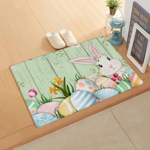 Easter Bunny Kitchen Bath Door Mat Cushioned Runner Rug,Washable Welcome Floor Sink Antifatigue Mat,Waterproof & Non-Slip Comfort Standing Doormat,Daisy Eucalyptus Egg Farmhouse Green Wood 18