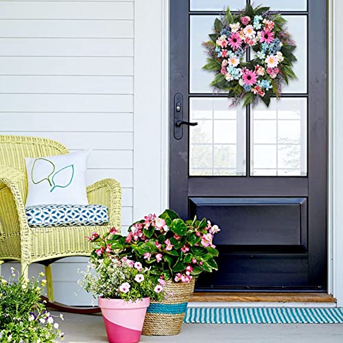 Spring Summer Wreath For Front Door With Hello Spring,Colorful Daisy Flower Wreath, Unique Door Hanging,Porch Floral Decor, Hello Sping Wreath With Bunny Sign- 20Inch #TOP3