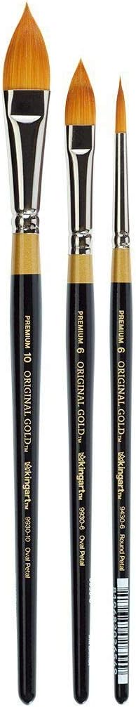 KINGART Premium Original Gold® 3 pc. Floral Brush Set, Synthetic Golden Taklon Hair for Acrylic, Watercolor & Oil, Short Handle, 9930-6, 10, 9430-6