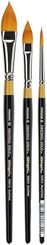 KINGART Premium Original Gold Juego de 3 pinceles florales, pelo sintético dorado Taklon para acrílico, acuarela y aceite, mango corto, 9930-6, 10,