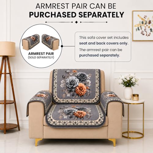 Image of Homerz 'Brooklyn Series' Premium Sofa Cover | Quilted Floral Design | Non-Slip Washable Sofa Protector | Soft Anti Slip Fabric (Grey, 1 Seater, Seat Cover with Backrest)