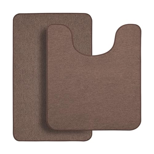 Bathroom Rugs Set 2 Pieces,Thin Bathroom Mats,Toilet Rugs,Quick Dry,Non-Slip,Machine Washable,Low Pile,Absorbent Bath Mats,Shower,Sink,Home Decor Accessories.Brown,1'5"x2'3"+1'8"x2" U Shape