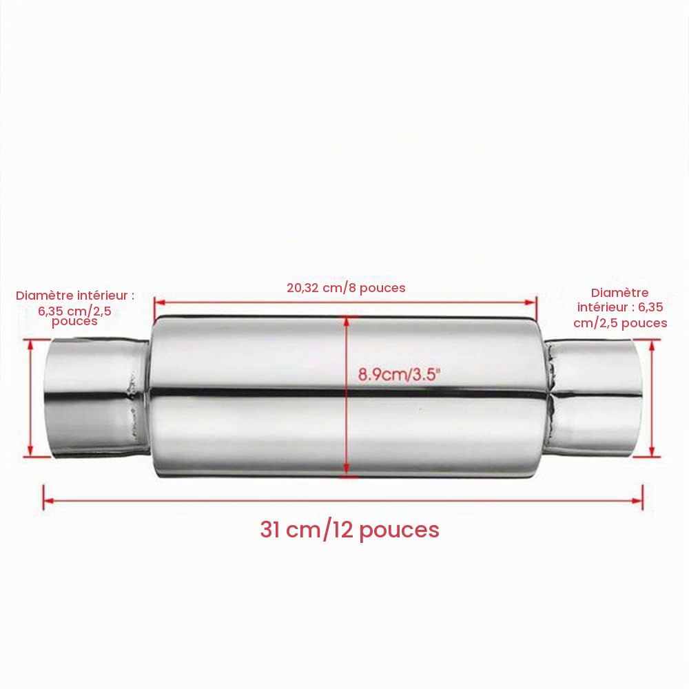 Silencieux d'échappement droit, entrée Baceyong 2,5 in. sortie 2,5 in. silencieux d'échappement universel en acier inoxydable, droit rond 31 cm/12 in. long silencieux argenté