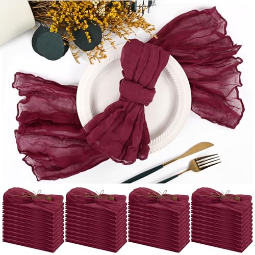 42 Packs Gauze Cheesecloth Napkins 20 x 20 Inch Burgundy Wrinkled Dinner Napkins Bulk, Rustic Boho Soft Cloth Napkin for Wedding Party Event Dinner Table Decoration