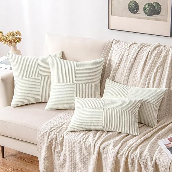 Image of Guffaw Corduroy Pillow Covers Boho Decorative Spliced Throw Pillow Covers Soft Solid Couch Pillowcases Cross Patchwork Cushion Covers for Living Room Bed Sofa 16x16 inch (1, White)
