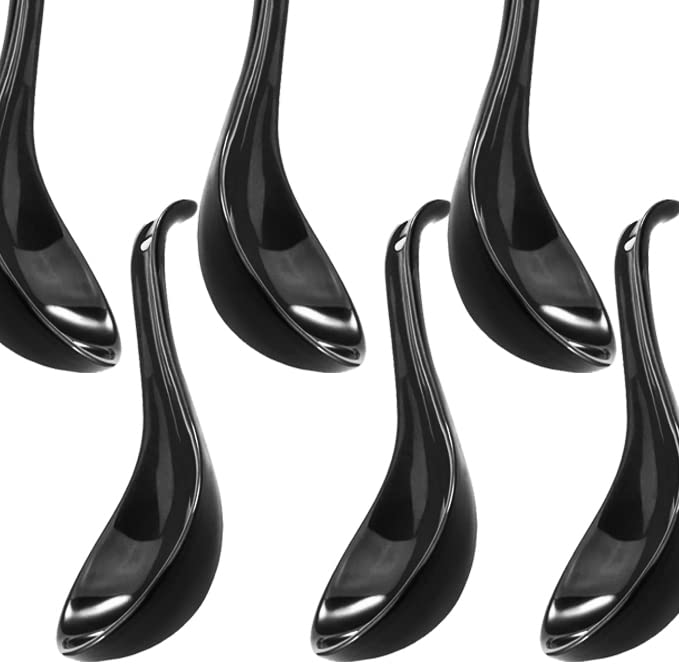 QHC KOCK Black Soup Spoons,Ceramic Soup Spoons Set of 6 Asian Chinese Soup Spoons 6.75 inch Japanese Spoins White Home Kitchen Dining Serving Suitable for Pho, Ramen, noodles