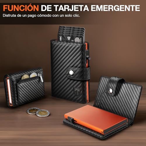 TENBST Carteras para Hombre | Tarjetero Cartera Hombre con Monedero & Bloqueo RFID | Tarjeteros para Tarjetas de Credito | Billeteras para Hombre | Regalo Hombre - Fibra de Carbon (Negro-Naranja) - imagen 2