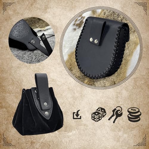 Image of EpicCos 3 PCs Medieval Faux Leather Belt Bag Set, Renaissance Drawstring Pouch Dice Bag, Vintage Side Pack Coin Purse for LARP (Black A)