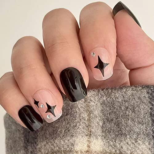 Black Press on Nails Short Square Fake Nails Full Cover False Nails with Stars Design Stick on Nails for Women and Girls