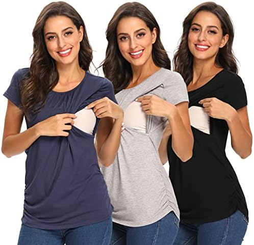 L PATTERN Maternity Tops Women's Nursing Tops Short Sleeve Crew Neck for Breastfeeding Tee Shirts Navy Blue 3 Pieces, Black + Blue + Gray, Large