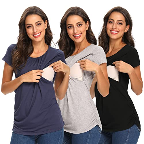 L Pattern Maternity Tops Women's Nursing Tops Short Sleeve Crew Neck For Breastfeeding Tee Shirts Navy Blue 3 Pieces, Black + Blue + Gray, Large #TOP10