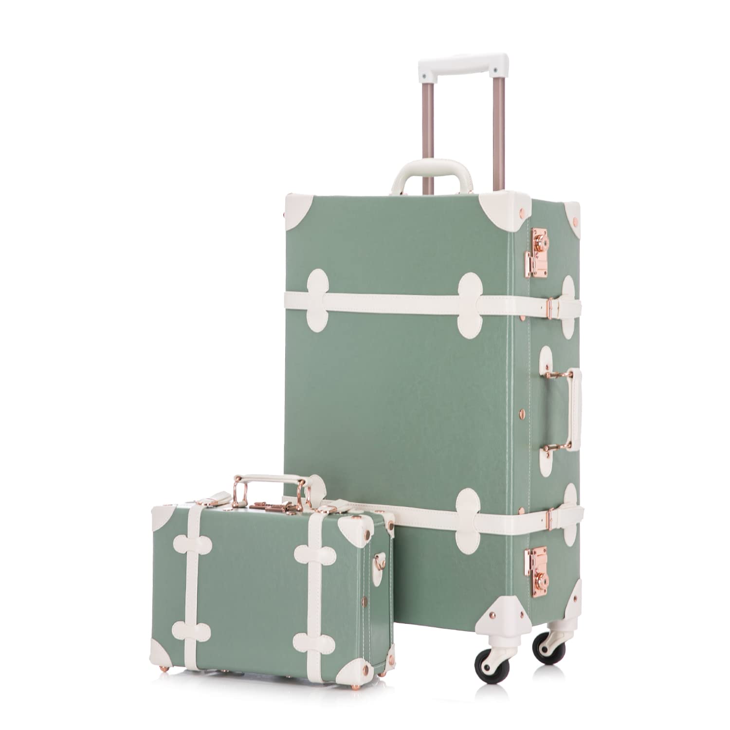 Unitravel 2 Piece Vintage Suitcase Set, 26" Women Cute Travel Luggage with 12" Train Case, Hardside Faux Leather Spinner Trunk with TSA Lock (Matcha Green)