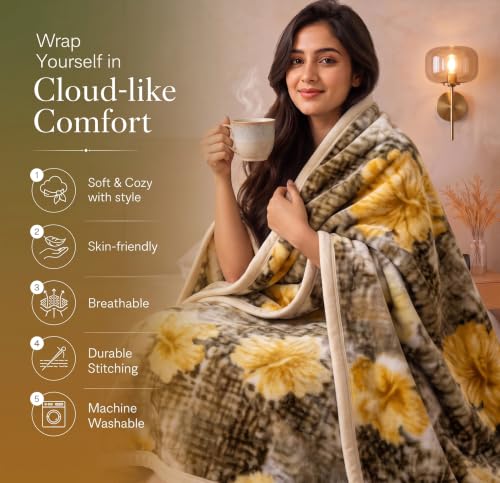 Image of VAS COLLECTIONS 280 GSM Micromink Blanket, 2.5 Kg Premium Soft Warm Cozy Blanket, Plush Floral Printed Blanket for Single Bed, Ultra Soft Comfortable Bedding, 60 x 88 Inches (152 x 220 cm) - Ash Brown