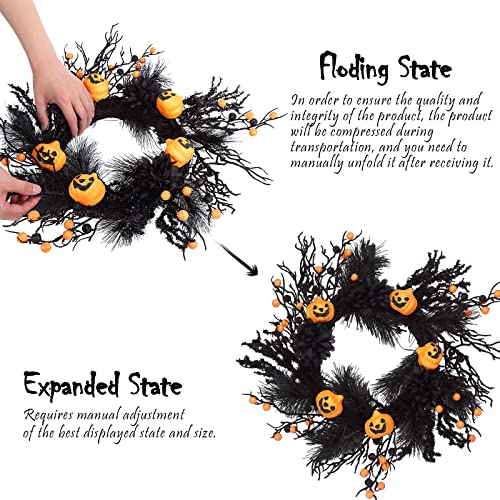 Adeeing 18” Halloween Door Wreath, Jack-O-Lantern Pumpkin Wreath With Black And Orange Berries Leaves And Jack-O-Lantern For Indoor Outdoor Window Proch Wall Hallowen Decorations #TOP7