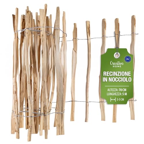 Creative Home Recinzione Giardino Esterno | Staccionata Legno Alto 70cm Lungo 5m | Recinzione in Nocciolo a Rotolo | Distanza Pannelli 3-5cm | Recinto Legno per Prato, Bordatura di Aiuole in Nocciolo
