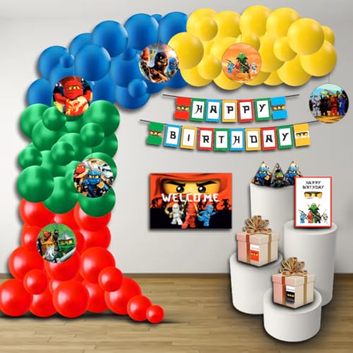 Image of PRETTY UR PARTY Ninjago Party decorations Kit - 80 pcs Includes Banner, Balloons, Thank You, Centerpiece, Danglers, Warrior Ninja Party Supplies, DIY Happy Birthday Decoration Kit for Kids, Gamer