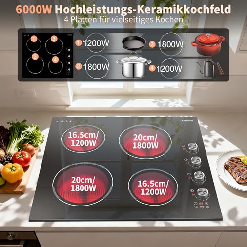 Karienvir Glaskeramikkochfeld 4 Platten, Knopf & Touch-Steuerung, Eingebautes Keramikkochfeld 60cm, 6000W, Herdplatte 4 Kochfelder Einbau mit Sicherheitssperre, Zeitschaltuhr, Pausenfunktion