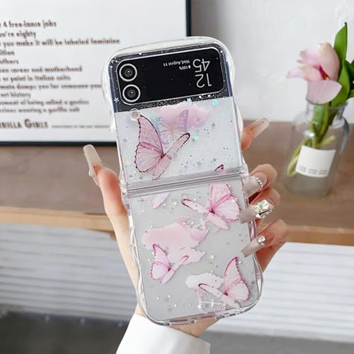 YANJIEER Glitzer Hülle für Samsung Galaxy Z Flip 4 transparente mit Niedliche Schmetterling Sternen Lockige Wellen Rahmenform Stoßfest Schutzhülle für Damen/Mädchen Weiß