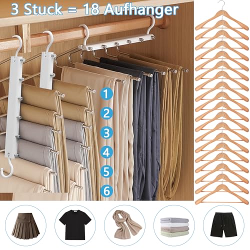 3 Stück Hosenbügel Kleiderbügel Platzsparend, 6 in 1 Hosen Kleiderbügel, rutschfest Magische Hosenbügel, Edelstahl Hosenbügel Faltbar Kleiderbügel für Hosen, Schals, Jeans, Handtücher, Krawatten
