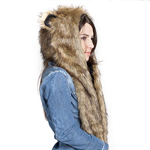 TINAYAUE 3 in 1 Winter Hat for Women Cuddly Wolf Hood Hat Scarf Gloves Faux Fur Warm Hat with Bear Ears, Paw Mittens Pocket2