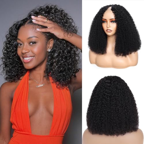 RAGMZZE V Part Wig Human Hair Kinky Curly Natural Black 18 Inch | Curly Human Hair Wig Upgrade U Part Human Hair Wigs for Black Women Glueless Wig Wear and Go 180 Density