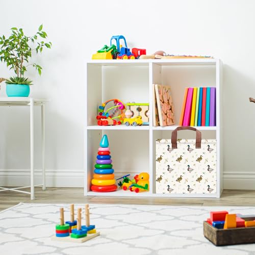 Image of Cute Mallard Duck Storage Basket Waterproof Canvas Toy Storage Bin Mallard Duck Room Decor Collapsible Outdoor Basket with Leather Handles Duck Decor Blanket Baskets For Closets,Bedrooms,Gifts Baskets
