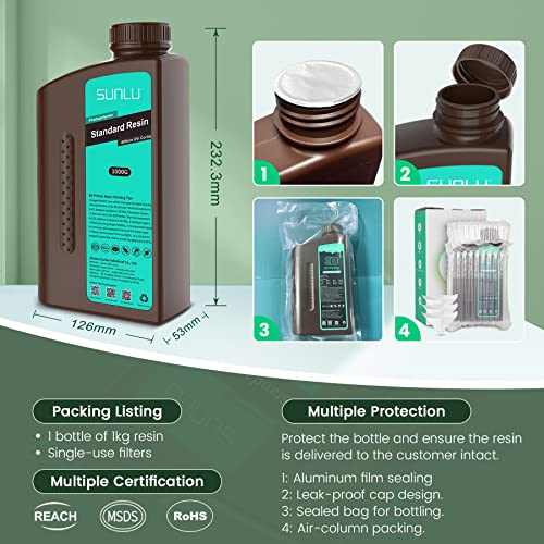 Image of SUNLU 3D Printer Resin 1kg, Fast Curing Standard 3D Resin for LCD DLP SLA 3D Printers, 395 to 405nm UV Curing 3D Printing Liquid Photopolymer Resin, Low Shrinkage, High Precision, 1000g, Dark Grey
