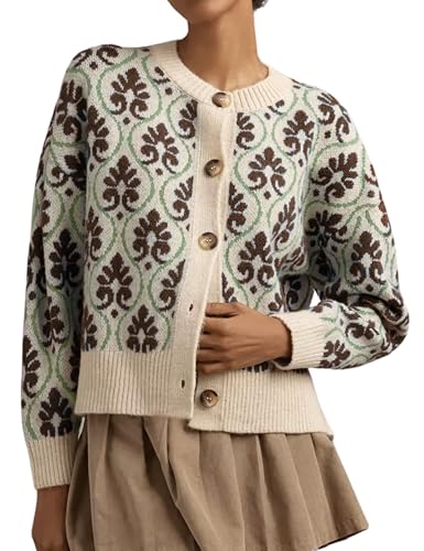 MINSURE Women Floral Cardigan Sweater Open Front Long Sleeve Button Down Knit Sweater Vintage Outerwear(Brown-S)